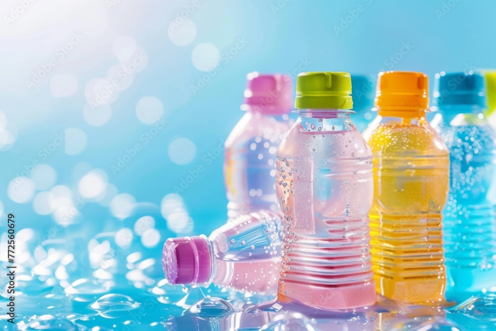 Group of Water Bottles on Blue Surface Group of Water Bottles on Blue Surface