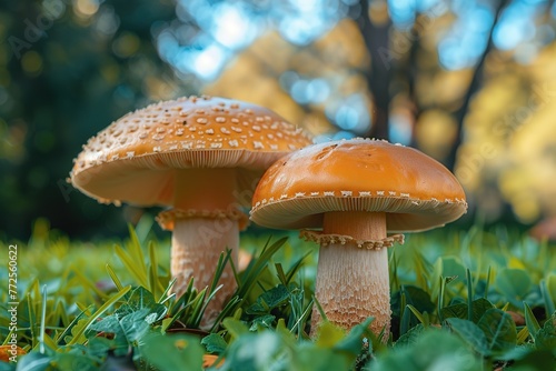 A closeup of two mushrooms growing in the grass, with a blurred background of trees and blue sky.