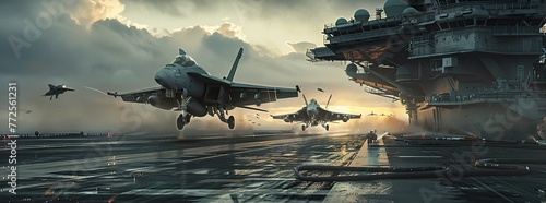 A cinematic shot of two fighter jets taking off from an aircraft carrier. Modern and advanced combat equipment.