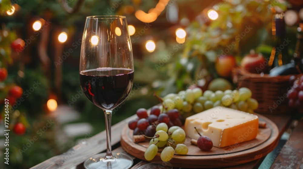 Red glass of wine with cheese and fruits. Background concept