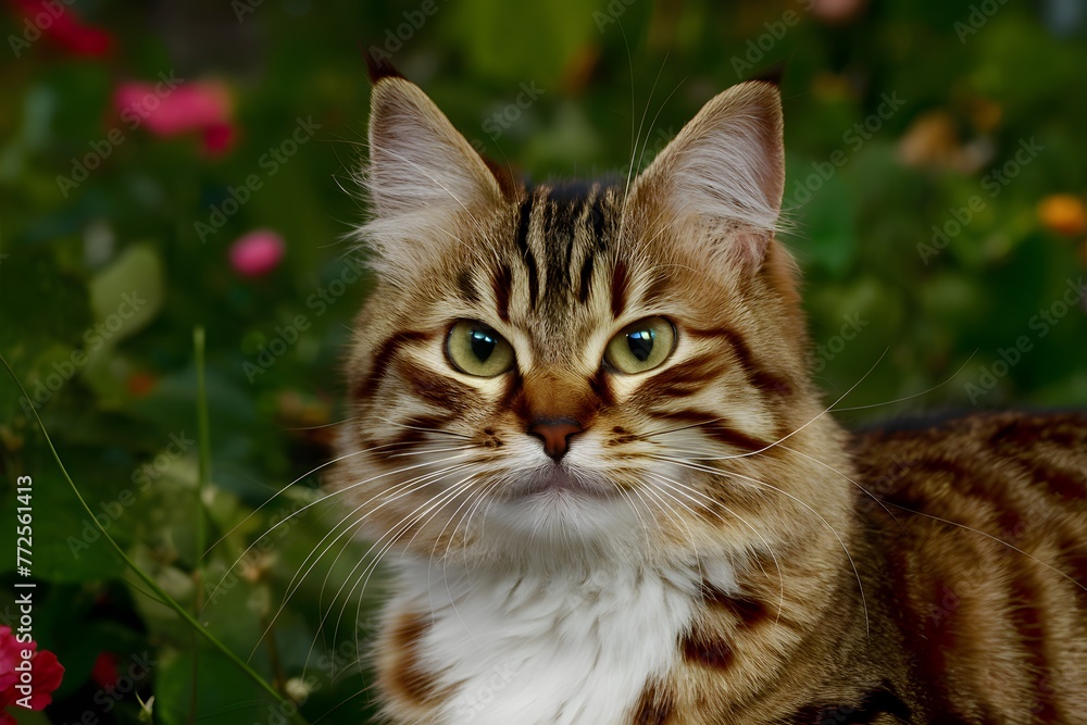 Adorable tabby cat with striking brown and white fur