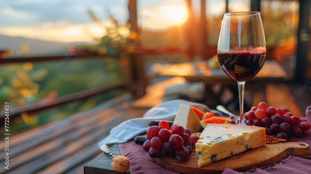 Red glass of wine with cheese and fruits. Background concept