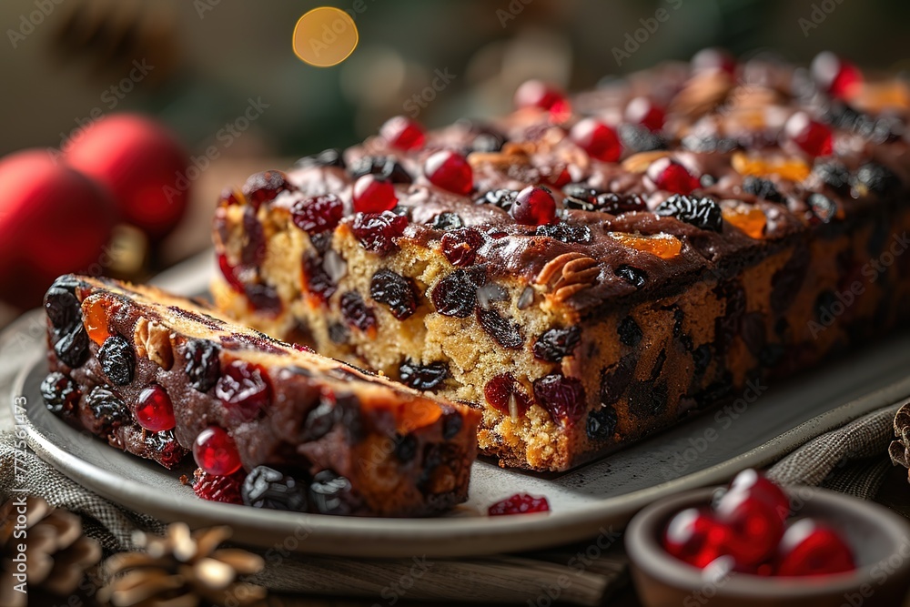 Fruitcake with dried fruits and nuts, using a food photography style