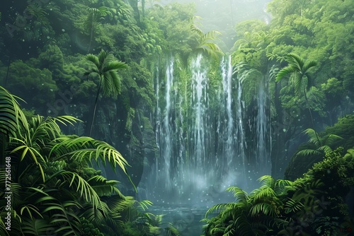 Lush green tropical rainforest with majestic waterfall cascading down misty cliffs, digital illustration