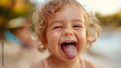 happy blonde boy sticking tongue out