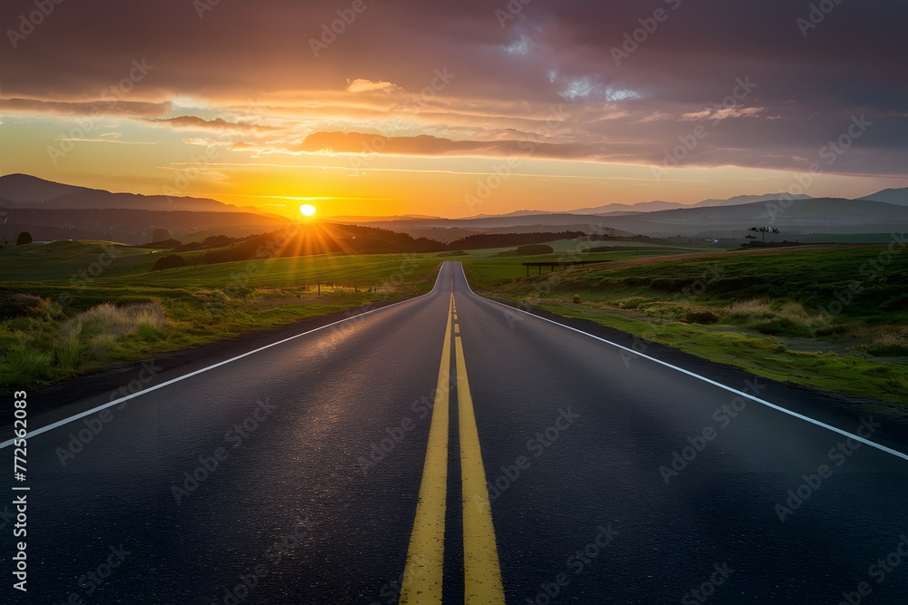 Asphalt road basks in sunrises warm glow