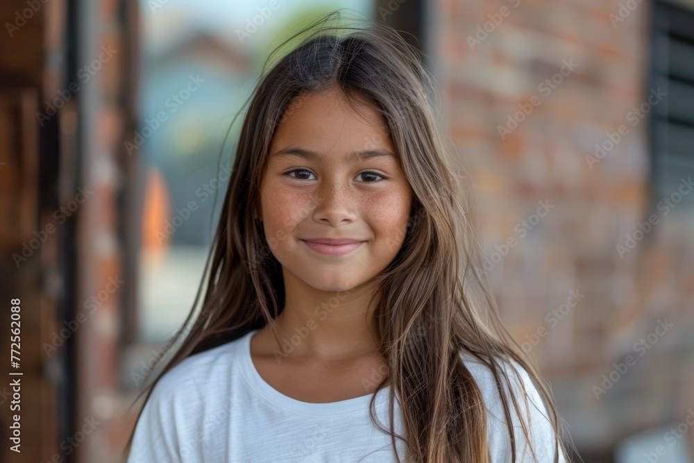 A young girl with long brown hair is smiling for the camera A young girl with long brown hair is smiling for the camera