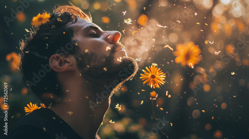 Man sneezing because of flowers and pollen allergy photo