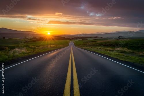 Asphalt road basks in sunrises warm glow