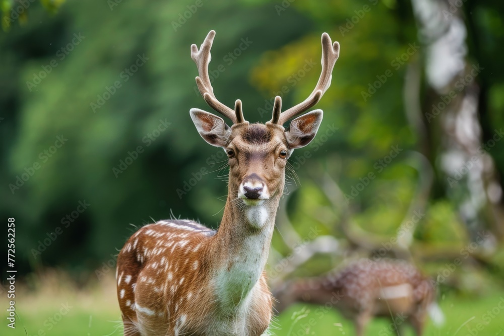 Close Up of Deer With Antlers in Background Close Up of Deer With Antlers in Background