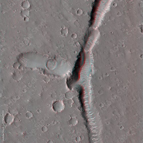 Mars in 3D. Pits and Troughs in Utopia Planitia. Anaglyph image. Use red/cyan 3d glasses.
Image from the Mars Reconnaissance Orbiter. NASA/JPL/University of Arizona.
