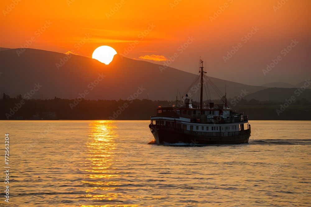 Fototapeta premium Boat glides under sunsets golden glow on Lake Baikal