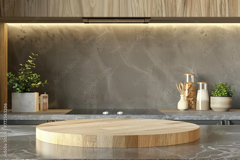 Kitchen background with empty wooden podium for product display, 3D ...