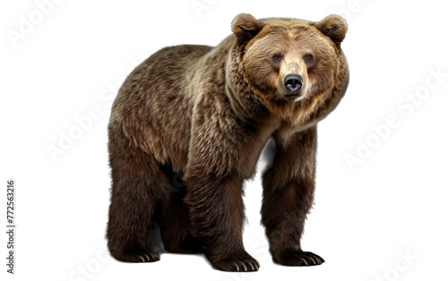 A large brown bear stands tall against a white backdrop