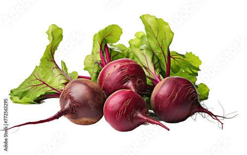 A group of vibrant beets with lush green leaves gracefully displayed on a pristine white background