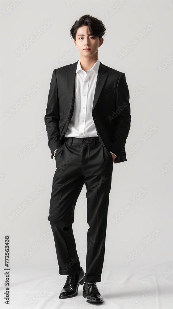Young Asian businessman in black suit isolated on white background, full body. Young Asian businessman in black suit isolated on white background, full body.
