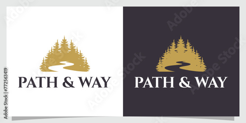 pine tree with river logo vector template design Hills Minimalist Landscape, Mountain Peak River Simple logo design Vector