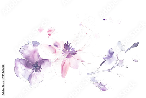 Pastel pink and purple watercolor blooms with delicate brush strokes on transparent background.