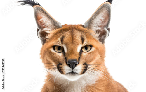 A close-up view of a cats face with an intense expression, set against a white backdrop