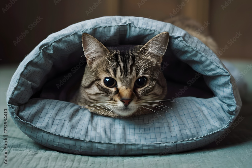 Naklejka premium Cat finds refuge and comfort nestled on a cozy bed