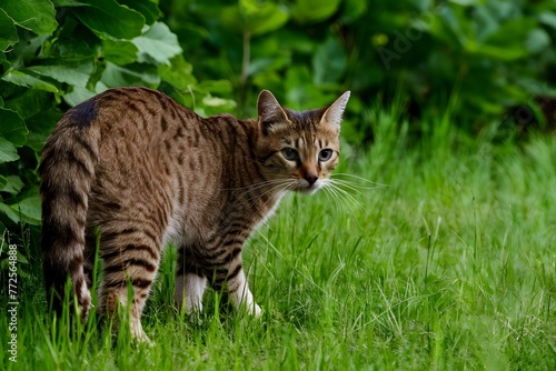 Cats poised posture suggests hunting instincts in natural environment