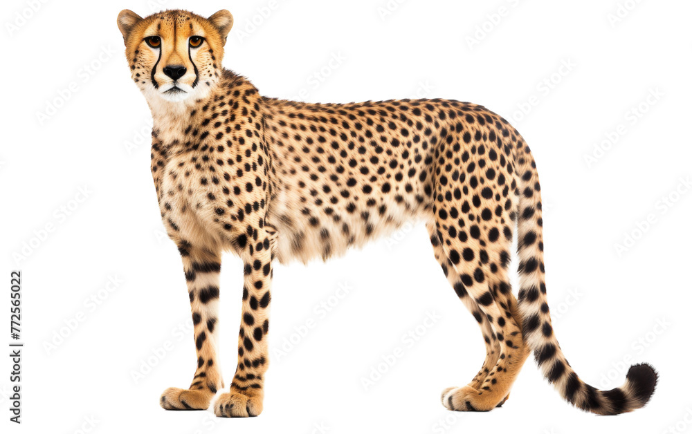 Majestic cheetah poised in a powerful stance against a blank white backdrop Majestic cheetah poised in a powerful stance against a blank white backdrop