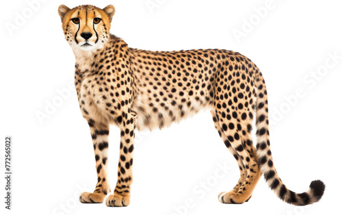 Majestic cheetah poised in a powerful stance against a blank white backdrop