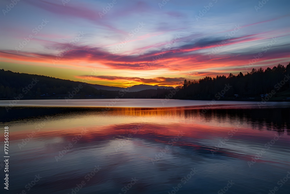 Fototapeta premium Colorful sunset sky reflects on the tranquil surface of the lake