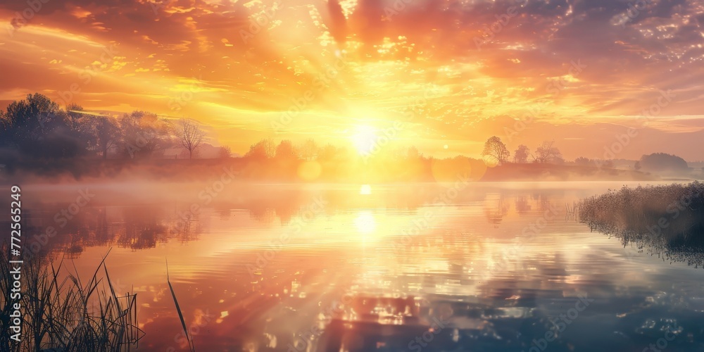 Fototapeta premium Sun Setting Over Lake With Background Trees. Generative AI