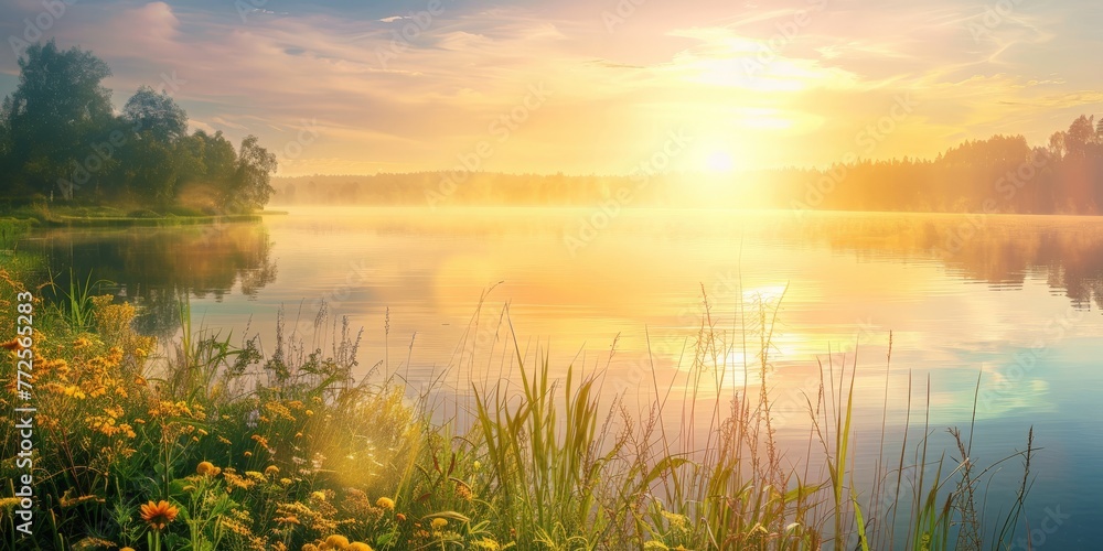Sun Setting Over Lake With Wildflowers. Generative AI Sun Setting Over Lake With Wildflowers. Generative AI