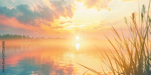 Setting Sun Reflecting on Calm Lake. Generative AI