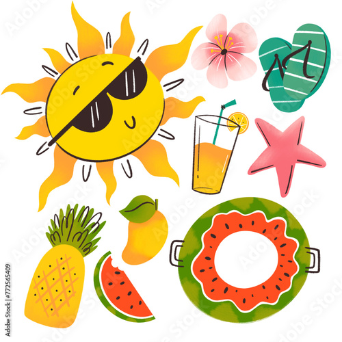 Ilustración de set de íconos de verano con frutas tropicales