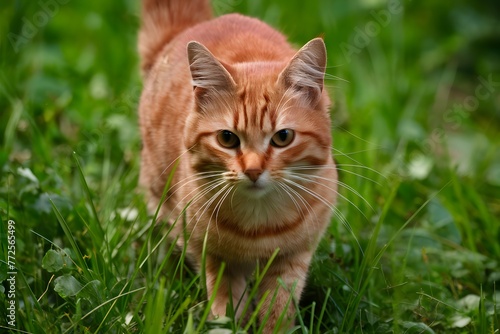 Curious red cat explores outdoor surroundings with attentive gaze