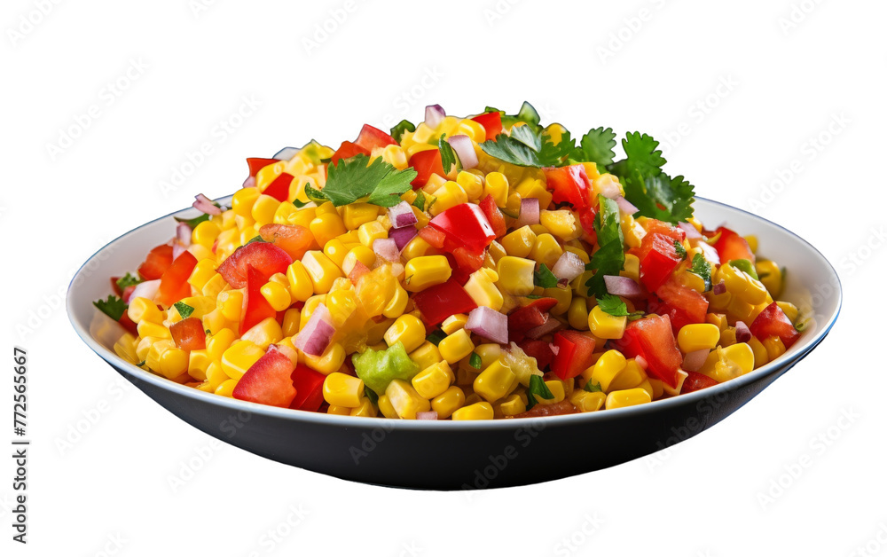 A vibrant bowl of corn salad mixed with fresh cilantro and ripe tomatoes