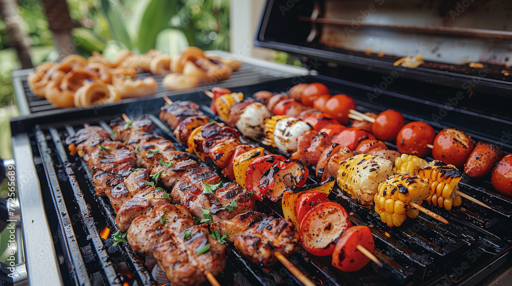 Grilled skewers on a grilled plate, outdoor Grilled skewers on a grilled plate, outdoor