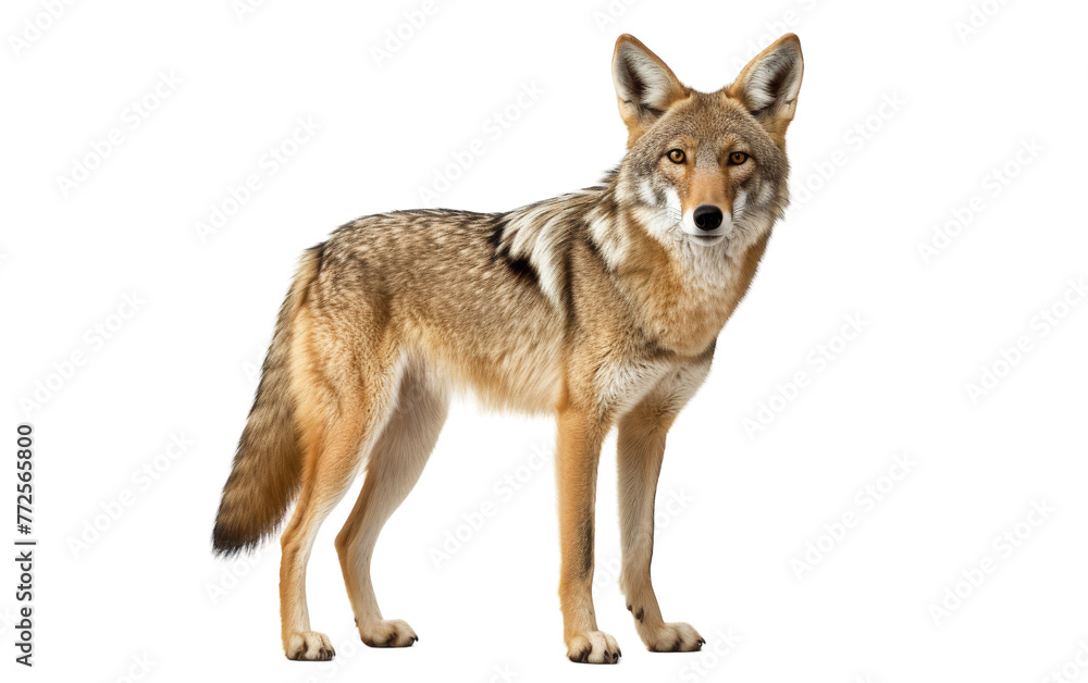 A majestic wolf standing proudly against a stark white background A majestic wolf standing proudly against a stark white background