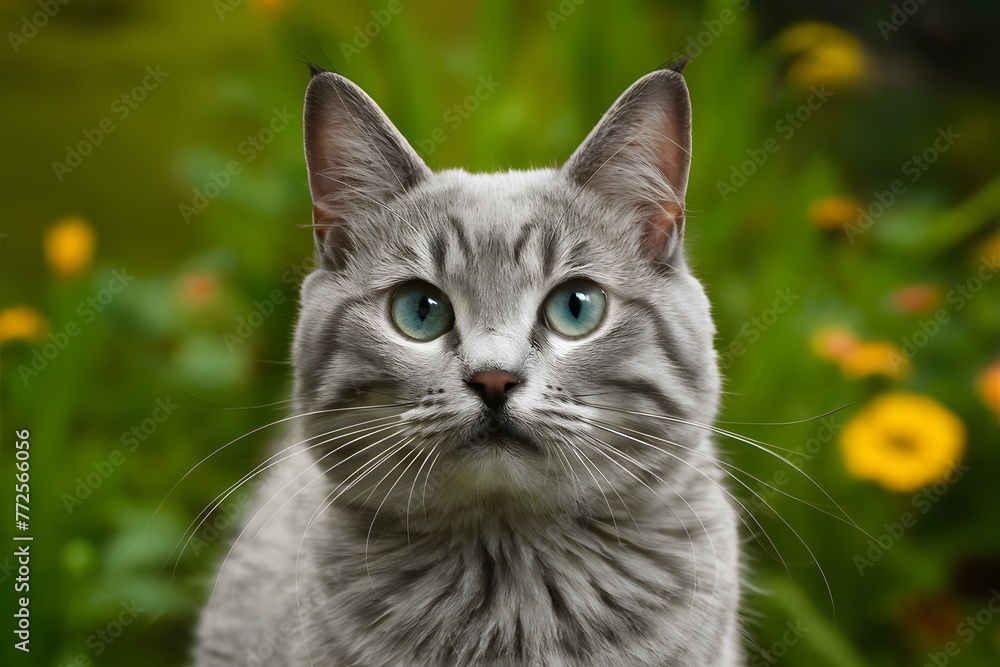 Digital Gray cat with blue green eyes gazes ahead, popular pet concept Digital Gray cat with blue green eyes gazes ahead, popular pet concept