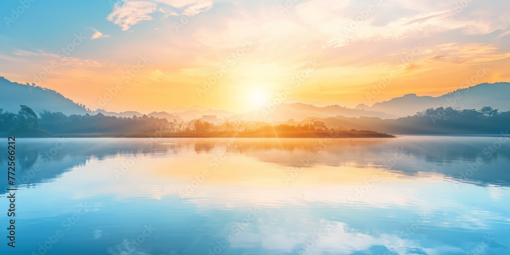 Mountainous Sunset Reflecting on Calm Lake. Generative AI