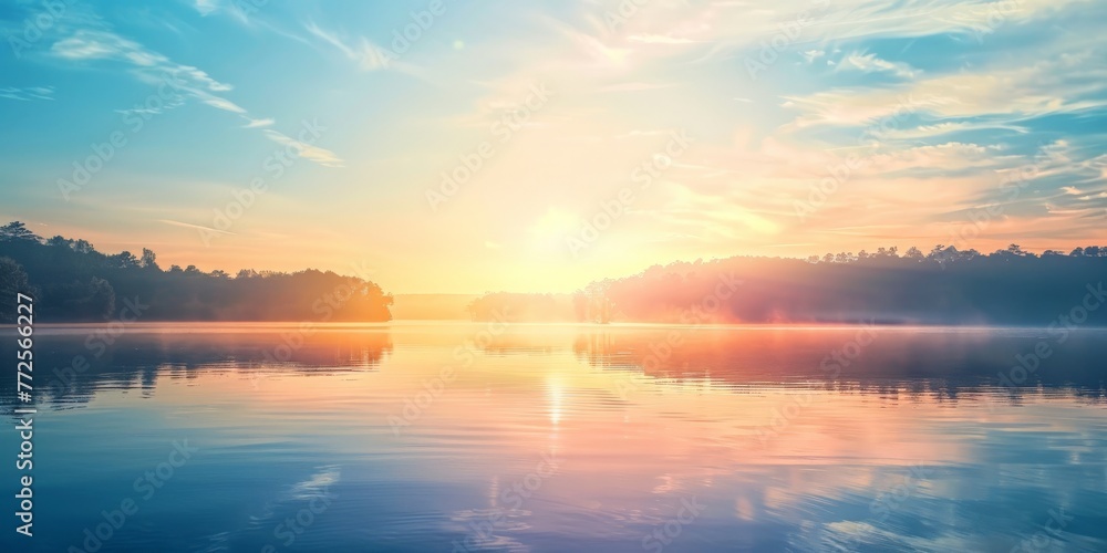 Sun Setting Over Calm Lake. Generative AI