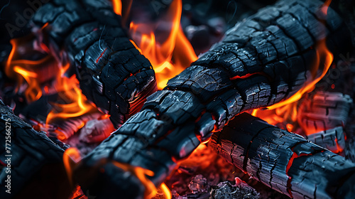 a close-up view of burning wood logs. The logs appear dark and charred, indicating they have been burning for some time.