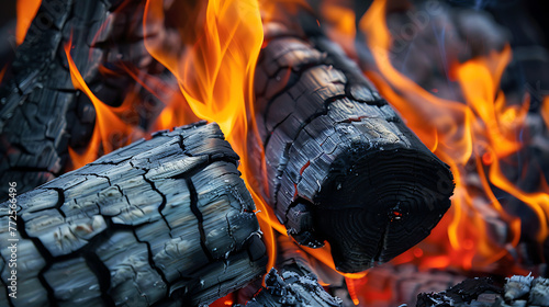 a close-up view of burning wood logs. The logs appear dark and charred, indicating they have been burning for some time.