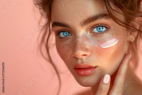 Beautiful young woman applying cream to her face on pink background. Perfect skin, neutral makeup. Skincare, selfcare and spa procedure concept. Natural beauty and health. Design for banner, flyer