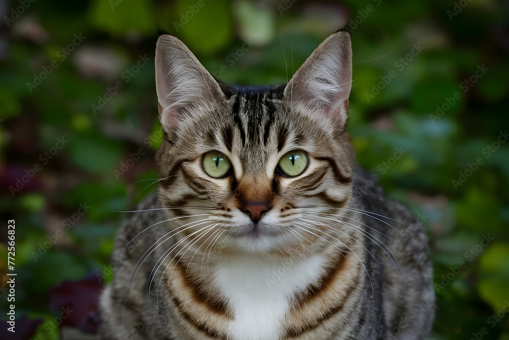 Enigmatic cat captivates with piercing green eyes in outdoor setting