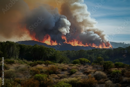 Forest fire devastates with burning plants and billowing smoke