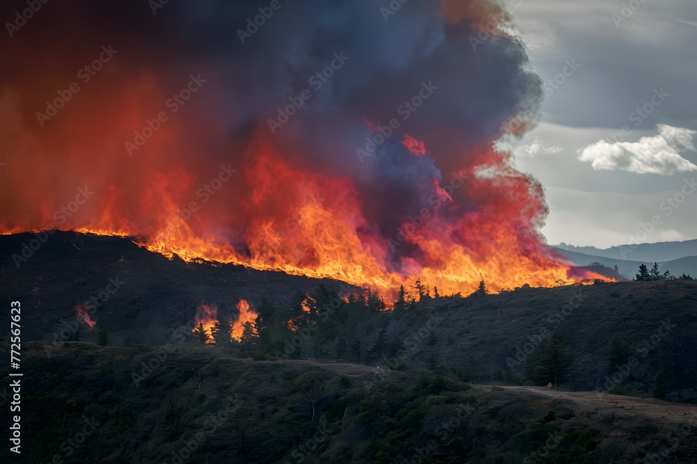 Forest fire spreads wildly, engulfing trees in fierce blaze