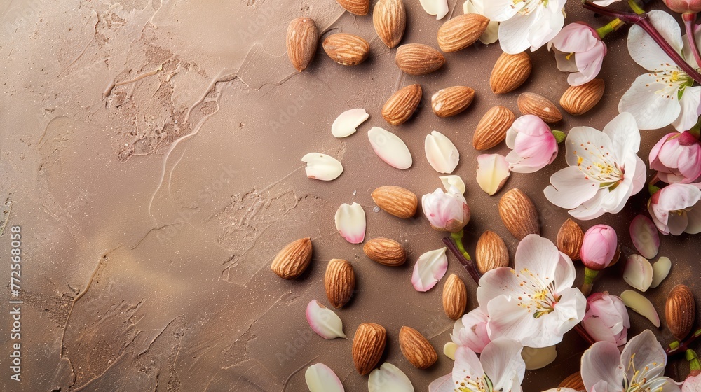 Almonds and flowers on the table with free place for text, mock up Almonds and flowers on the table with free place for text, mock up