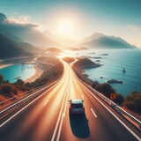 A car drives along the coastal roads of Europe in summer, offering a scenic view of the beachside highway. This picturesque journey captures the beauty of a summer vacation trip through Turkey.






