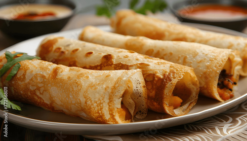 Picture a plate of piping hot savory masala dosas each one delicately rolled and filled with a fla Generative AI