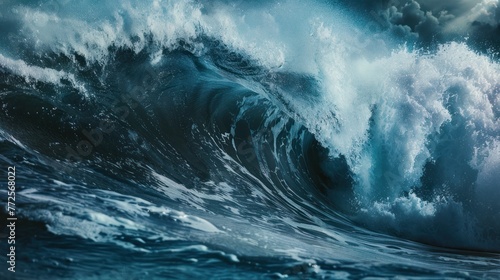 Beautiful view of the blue breaking huge wave of the sea outdoor. AI generated image