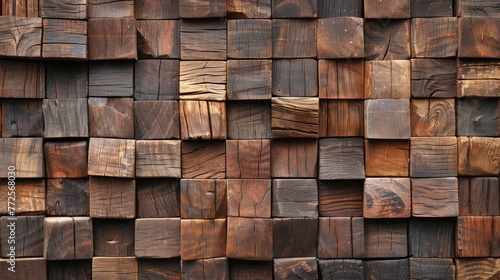 Wooden wall with square blocks stack tiles texture background. AI generated image